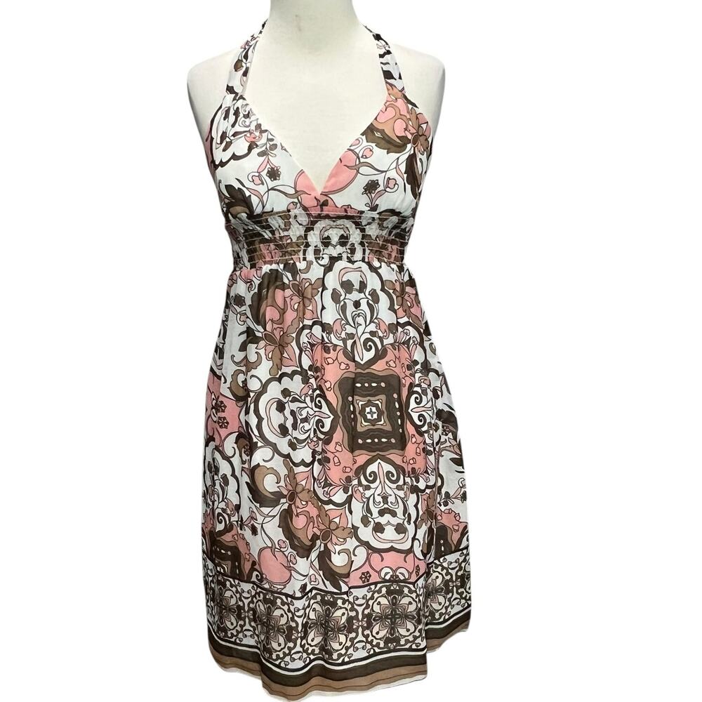 Trixxi Y2K Halter Dress 5 White Multi Floral Paisley Smocked Babydoll Boho Retro